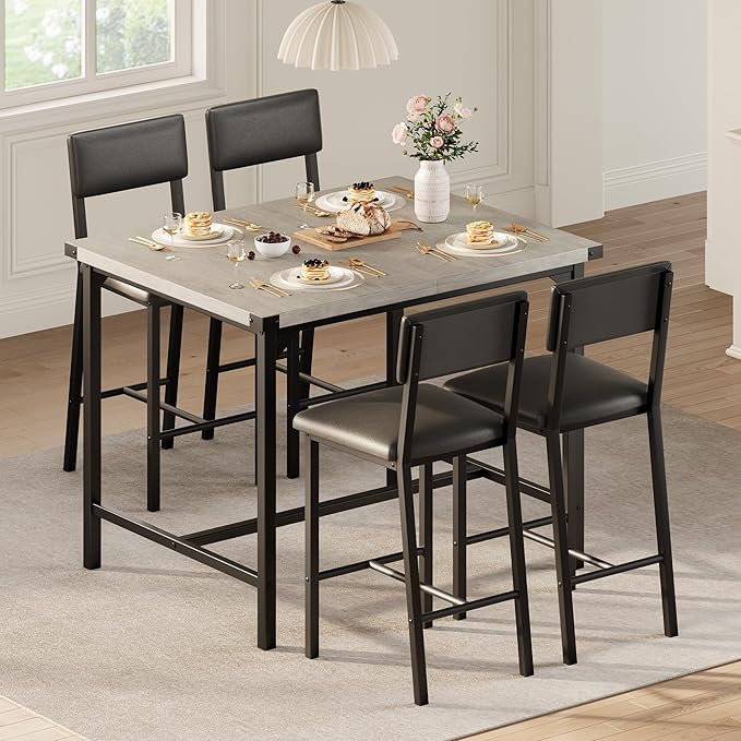 IDEALHOUSE Dining Table Set for 4 w/Footrest & Corner Protector, 5-Piece Kitchen Table Set with Counter Height Table & 4 Upholstered Bar Stools, for Kitchen Room, Apartment, Pub, Retro Gray