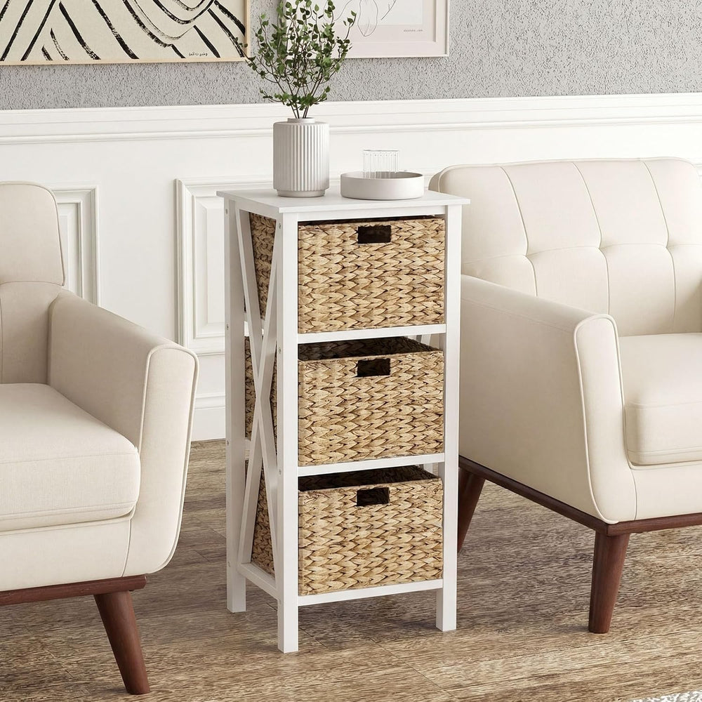 GOFLAME End Table with Wicker Drawers, Sofa Side Table with 3 Baskets, Rubber...