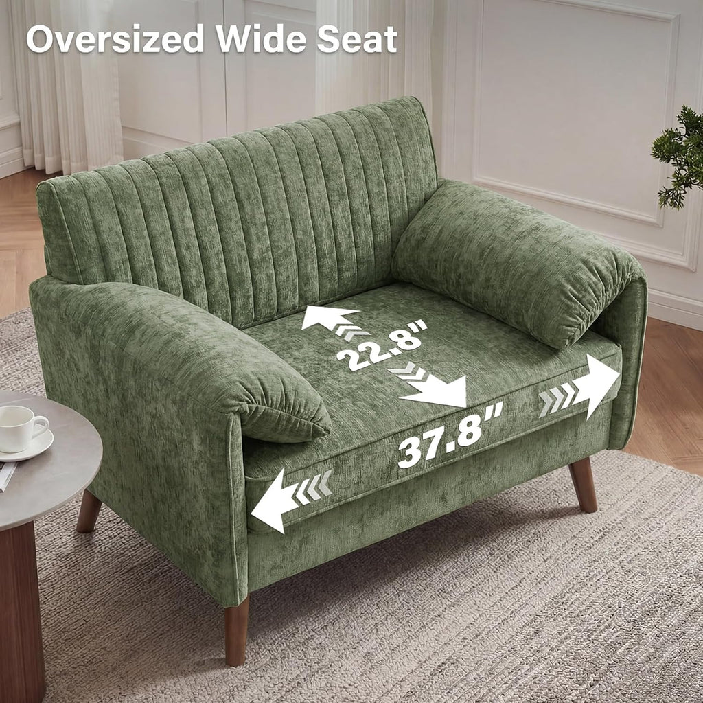 Modern Oversized Accent Reading Chair for Living Room, 43", Chenille, Green | Piping Single Armchair with Quilting Backrest, Padded Arms, Wood Legs for Bedroom, Office, Reception Area