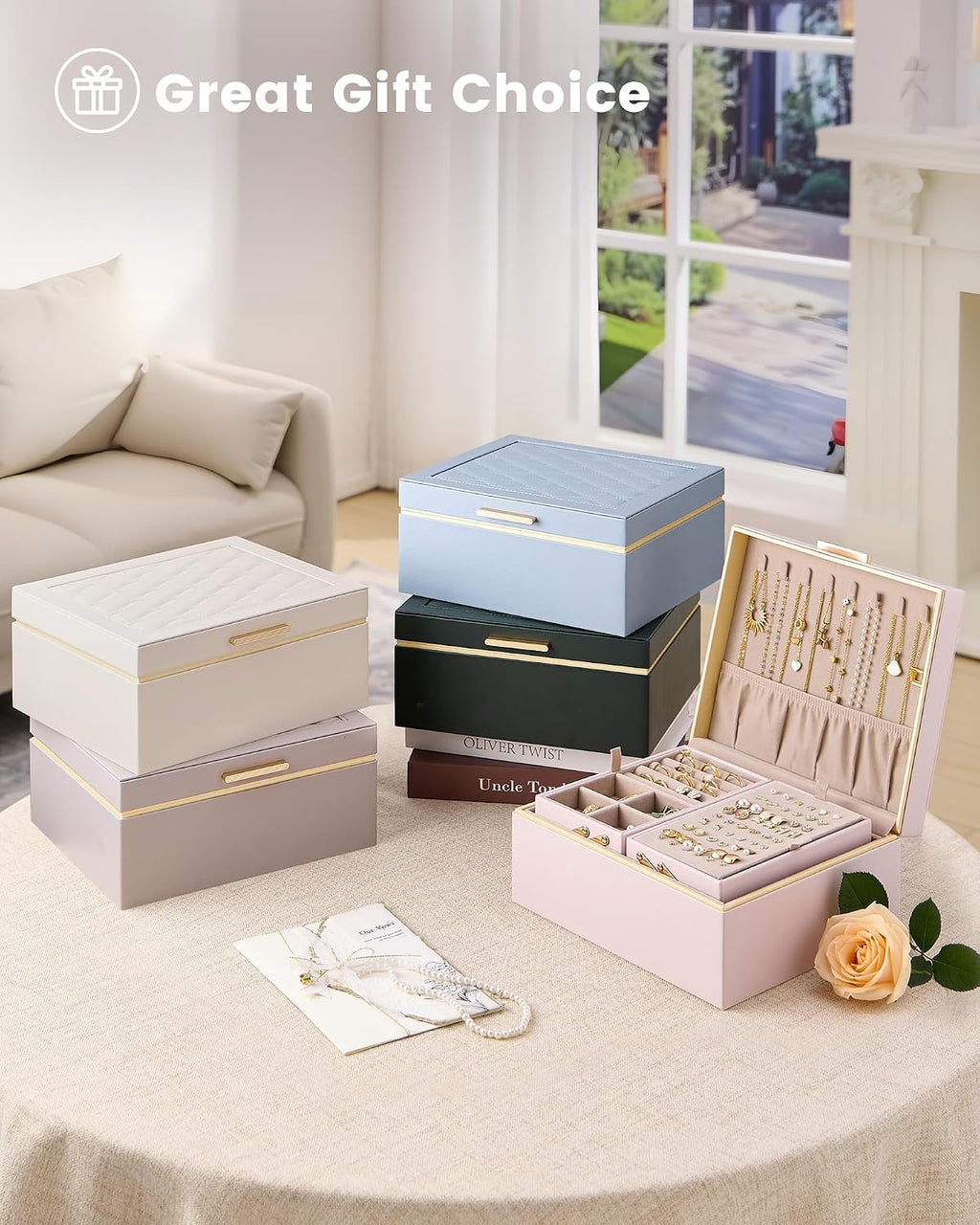 Lolalet Jewelry Box for Women Girls, 2 Layer Jewelry Organizer -Champagne | Jewellery Storage Case, Necklace Earrings Rings Bracelets Holder, Cnristmas Birthday Gifts for Mom Teen Girls Daughter