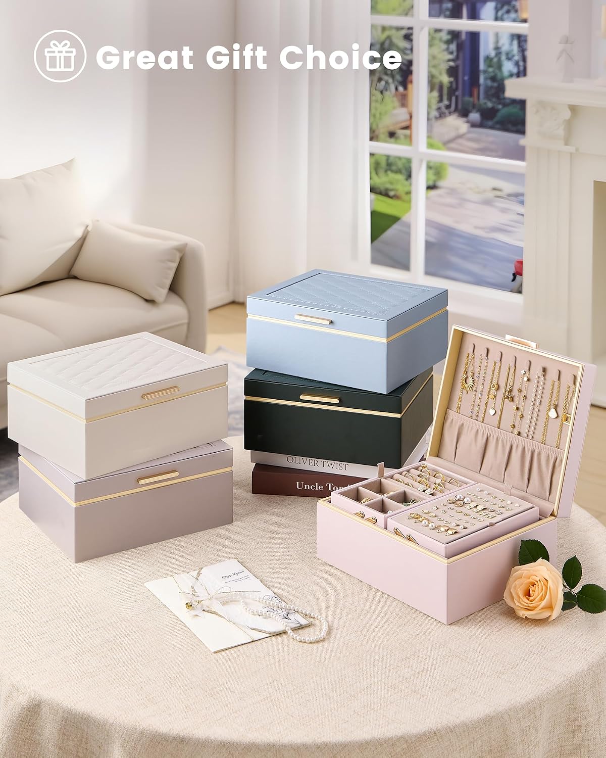Lolalet Jewelry Box for Women Girls, 2 Layer Jewelry Organizer -Champagne | Jewellery Storage Case, Necklace Earrings Rings Bracelets Holder, Cnristmas Birthday Gifts for Mom Teen Girls Daughter