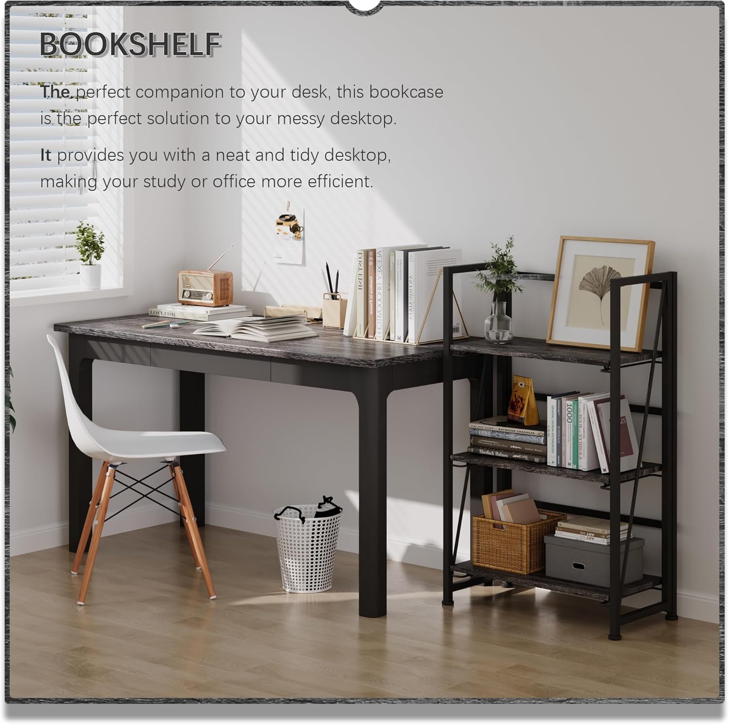 4NM No Assembly Folding Bookshelf Storage Shelves 3 Tiers Vintage Bookcase Standing Racks Study Organizer Home Office (Gray Black)
