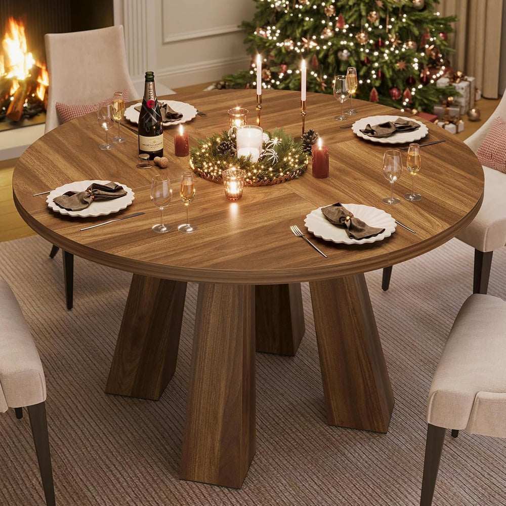 IDEALHOUSE 47" Round Dining Table for 4-6, Wood Kitchen Table with Sturd...