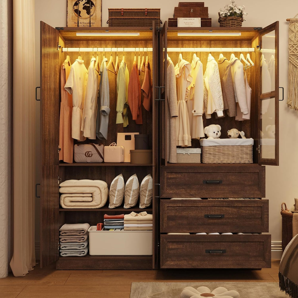 75" Tall Farmhouse 4 Doors Armoire Wardrobe Closet with 3 Drawers and LE...