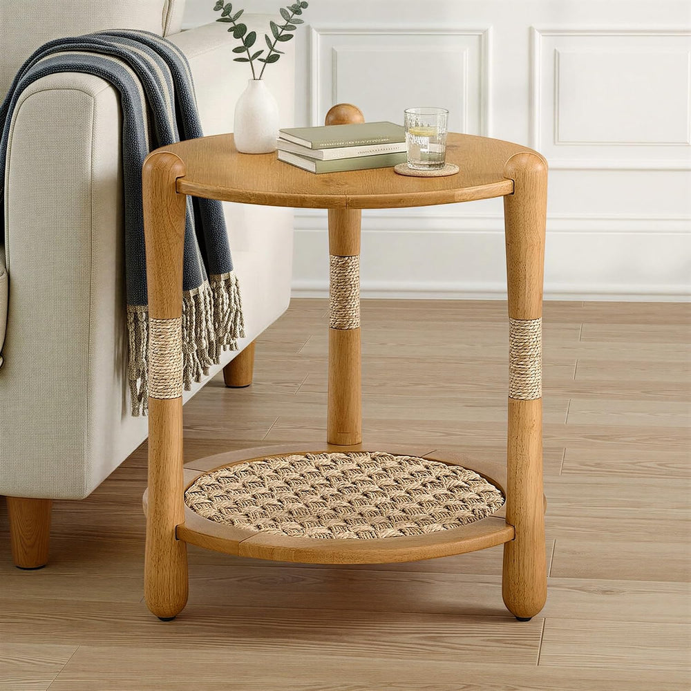 Harbor Oak 20" Round Oak Wood End Table with Seagrass Accents and Shelf ...