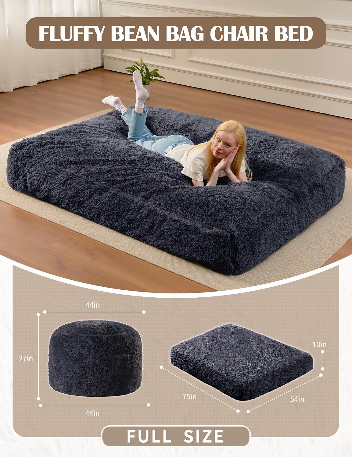 Bean Bag Chairs for Adults Teens Convertible Chair Mattress, Bean Bags Chair with Removable Plush Cover, Sleeper Chair that Turns into Mattress, Full, Dark Grey