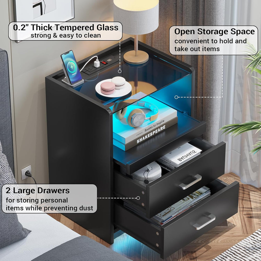 AOGLLATI LED Nightstands Set of 2 with Charging Stationand Glass Top | Black ...