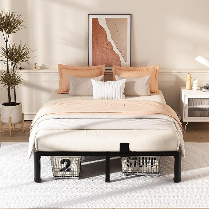 12 Inch Full Bed Frame with Rounded Corner and Headboard Hole Mattress Retainers 3500 LBS Metal Heavy Duty Steel Slats Support No Box Spring Needed Platform Noise Free Easy Assembly