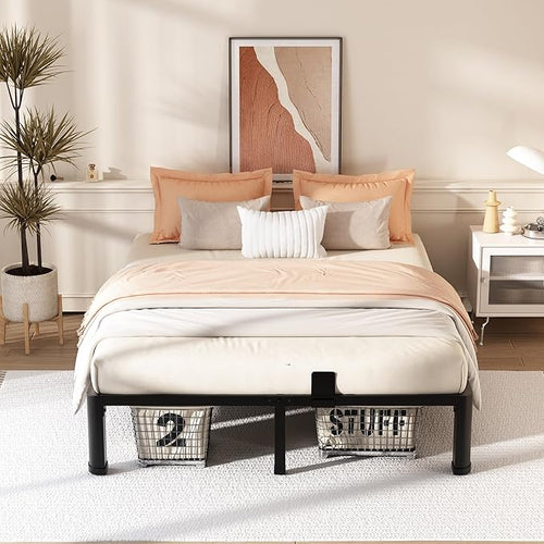 12 Inch Full Bed Frame with Rounded Corner and Headboard Hole Mattress Retainers 3500 LBS Metal Heavy Duty Steel Slats Support No Box Spring Needed Platform Noise Free Easy Assembly