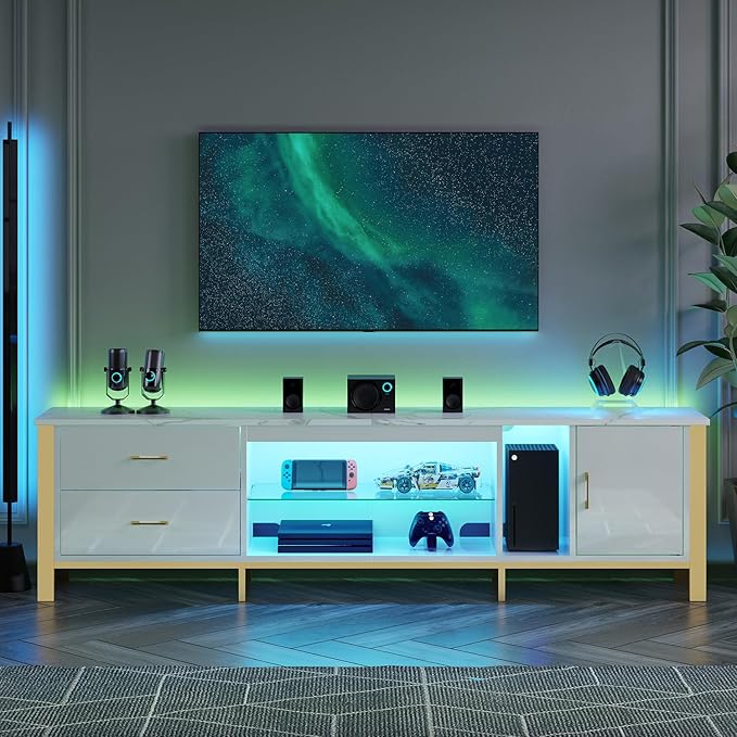 Bestier TV Stand for 75/80/85 inch TVs, LED Gaming Entertainment Center, Media Console with Glass Shelves for Living Room, 2 Storage Drawers & Cabinets for Bedroom, White Glossy