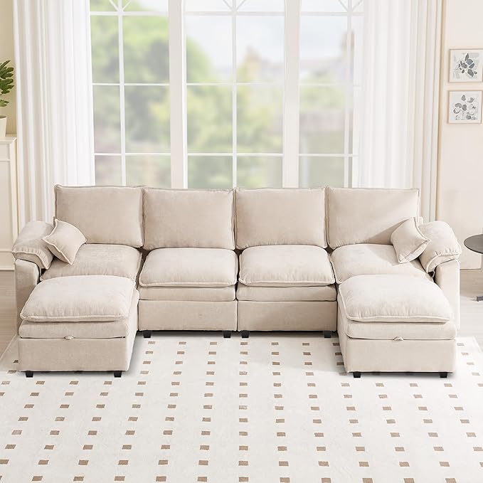 130" U Shaped Modular Sectional Sofa, Couch with Ottoman Storage, Chenille Cloud Couch with Plush Deep Seating for Living Room, Bedroom (Beige, 9 Seat)