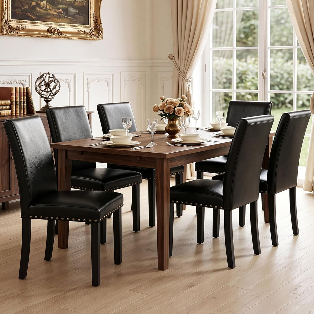LSSBOUGHT Modern Leather Dining Chairs Set of 6 with Studded Trim(Black)