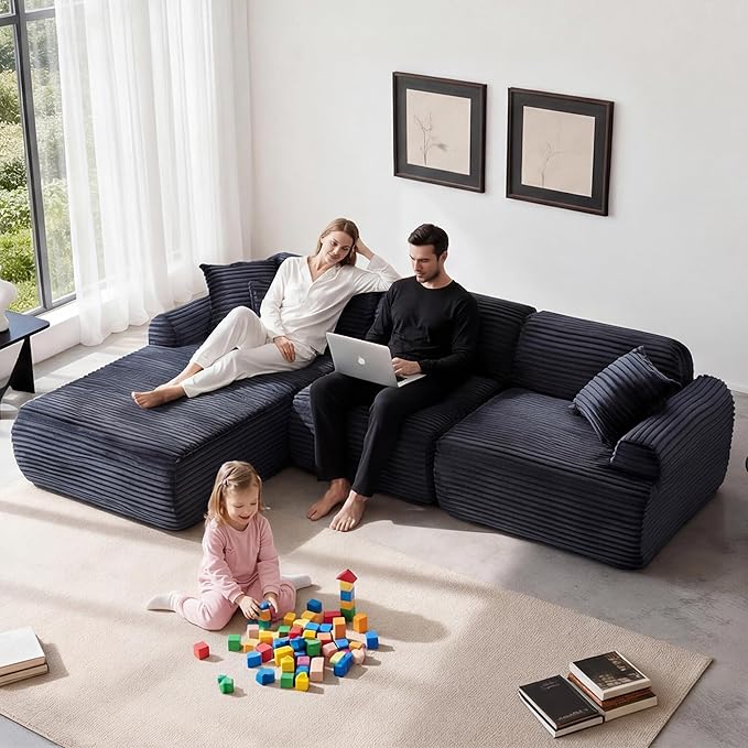 Modular Floor Sofa, Cozy Corduroy Sectional Couch with Fully Washable Covers, Frameless L Shaped Couch for Living Room, Family & Pet Friendly Lounge, No Assembly (Black, Left Facing Chaise)