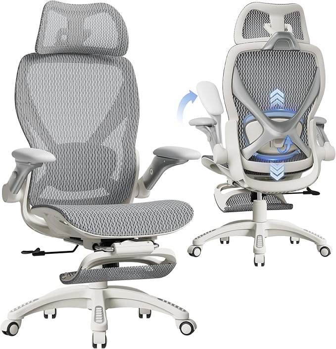 ELABEST X100 Ergonomic Office Chair with Footrest, Big and Tall Home Desk Chair with 5D Flip-Up Arms, Adjustable 3D Lumbar Support,High Back Rolling Computer Chair, Swivel Mesh Chairs (Frosted Dawn)