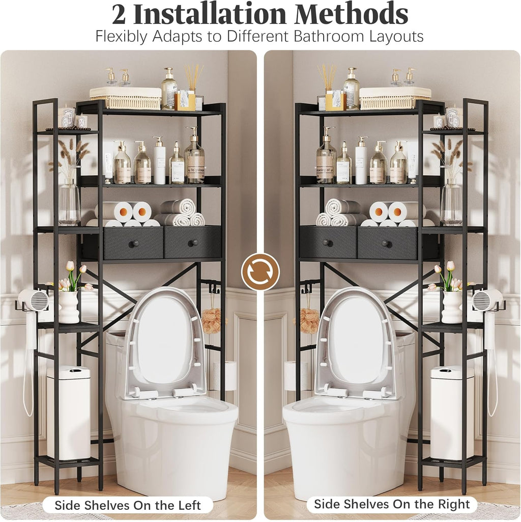 Over The Toilet Storage Shelf with Drawer, 3-Tier Above Toilet Bathroom Organizer with 4 Adjustable Side Shelves, Space Saver Freestanding Rack with Holder & Hook for Laundry Kitchen (Black)