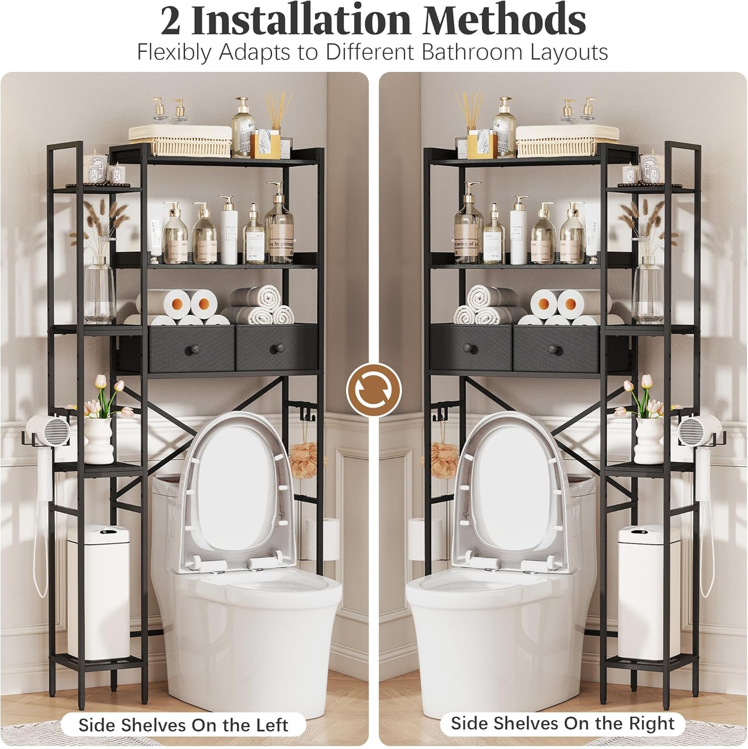 Over The Toilet Storage Shelf with Drawer, 3-Tier Above Toilet Bathroom Organizer with 4 Adjustable Side Shelves, Space Saver Freestanding Rack with Holder & Hook for Laundry Kitchen (Black)