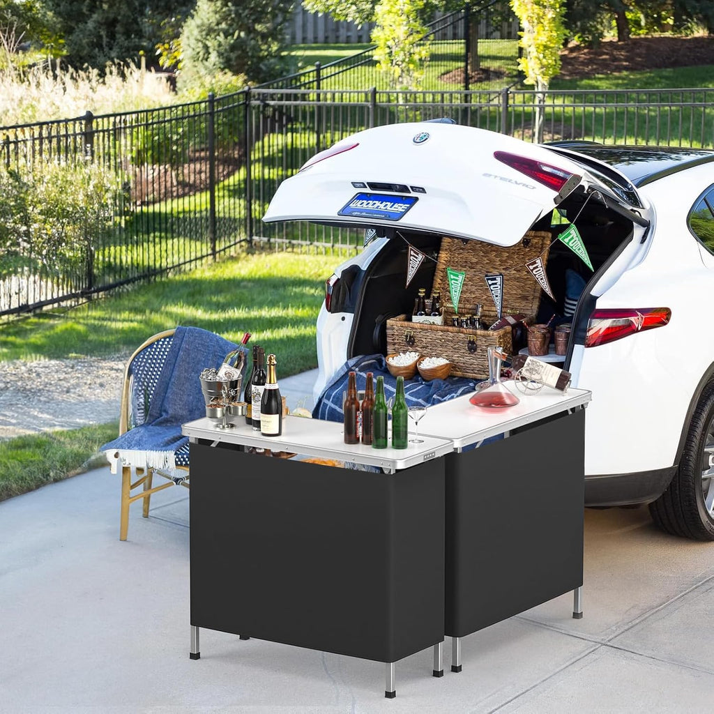 VINGLI Portable Bar Table, 3-Tier Shelves, Mobile Bar Table for Events, Party, Camping, Picnic, Tradeshow, Indoor with Black Skirt, 39 "L x 34" H