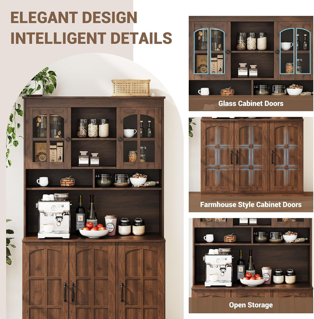 70.9" Tall Kitchen Pantry Cabinet with Glass Doors and Hutch, Freestandi...