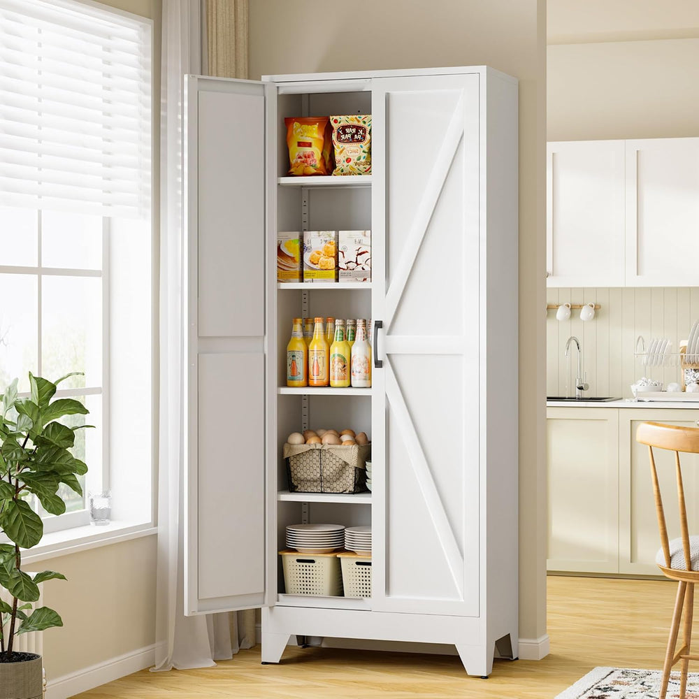 RAVIGIN Farmhouse Storage Cabinet,75" H Metal Pantry Cabinet with Barn D...