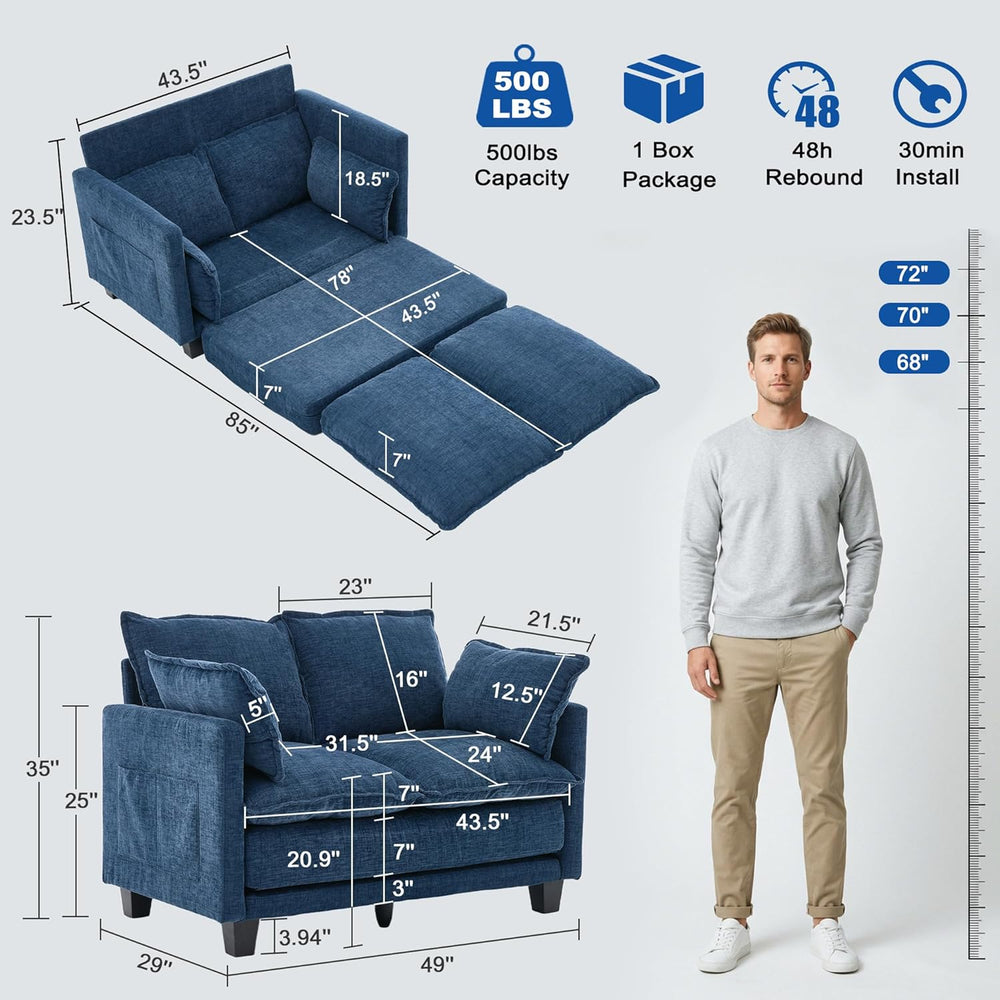 49" Loveseat Sofa Bed, 2 in 1 Convertible Small Sofa Pull Out Couch Bed ...