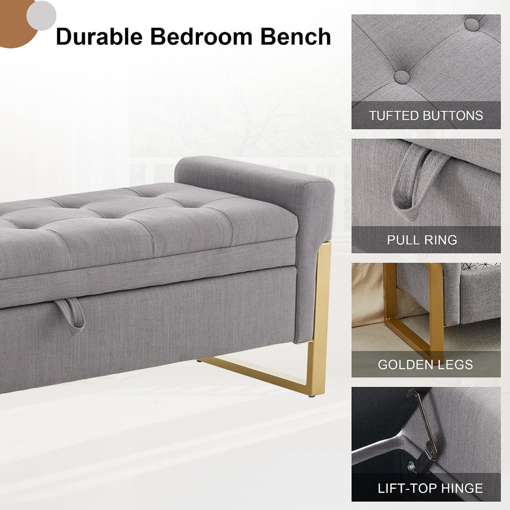 57" Storage Ottoman Bench，Upholstered Linen End of Bed Bench Entryway St...