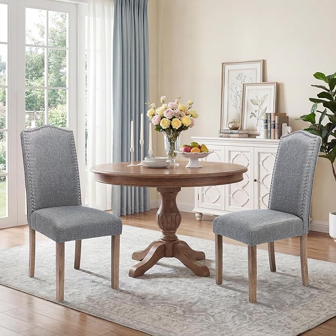 Upholstered Dining Chair Modern Stylish Parsons Kitchen Diner High Back with Silver Nailhead Trim & Wood Legs, Set of 6, Fabric Classic Grey