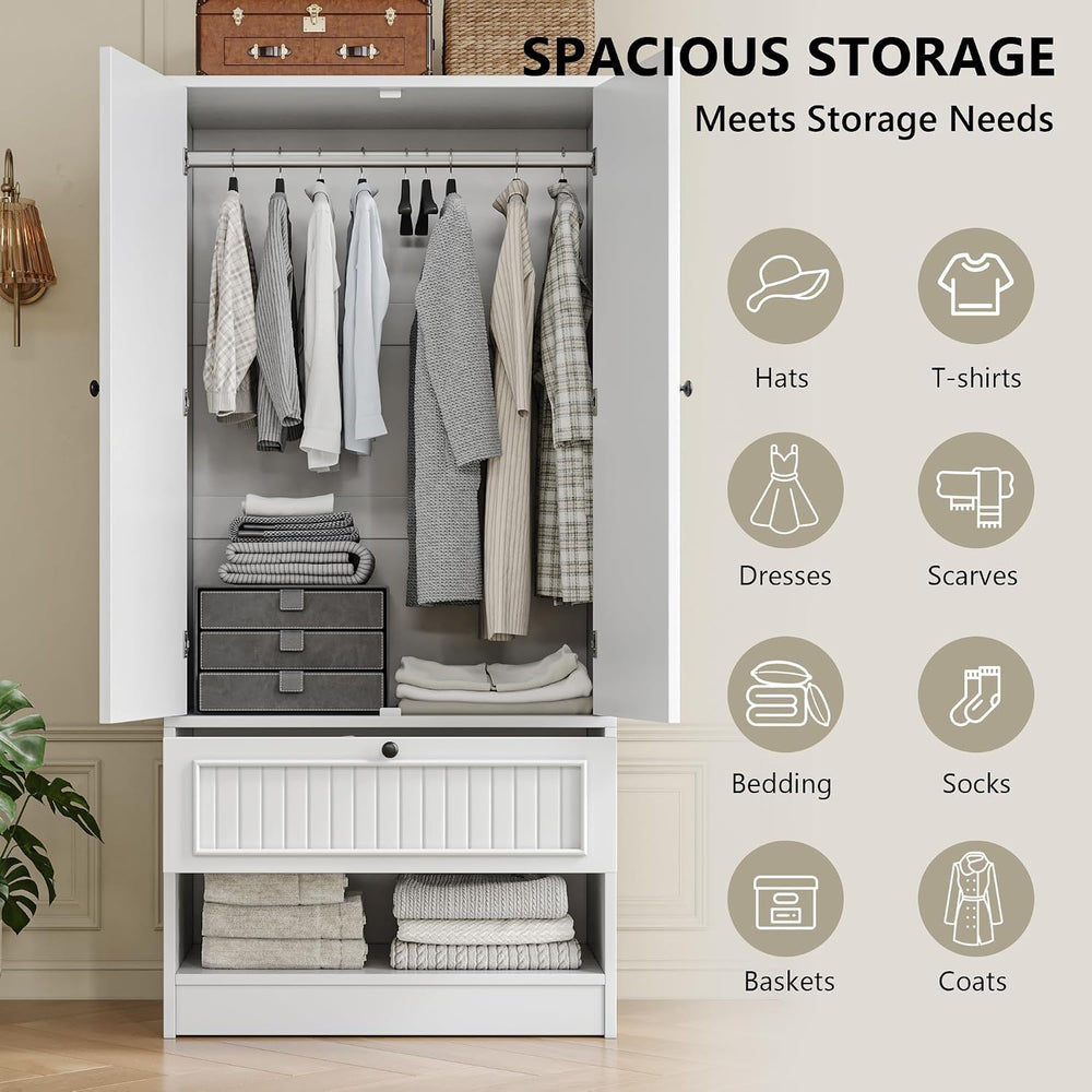 iPormis Wood Armoire Wardrobe Closet with Mirror Door and Drawer, 2 Doors Bed...