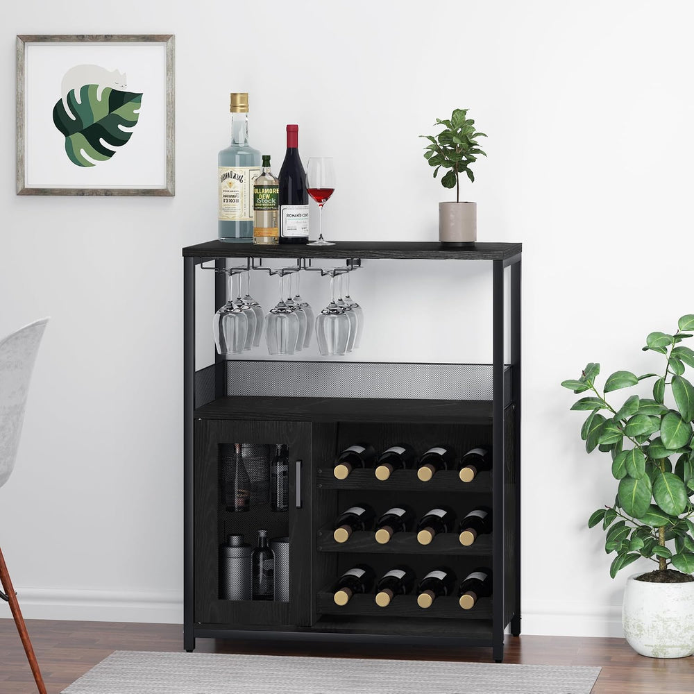 GAOMON Modern 36" Black Wine Bar Cabinet with Mesh Door, Adjustable Glas...