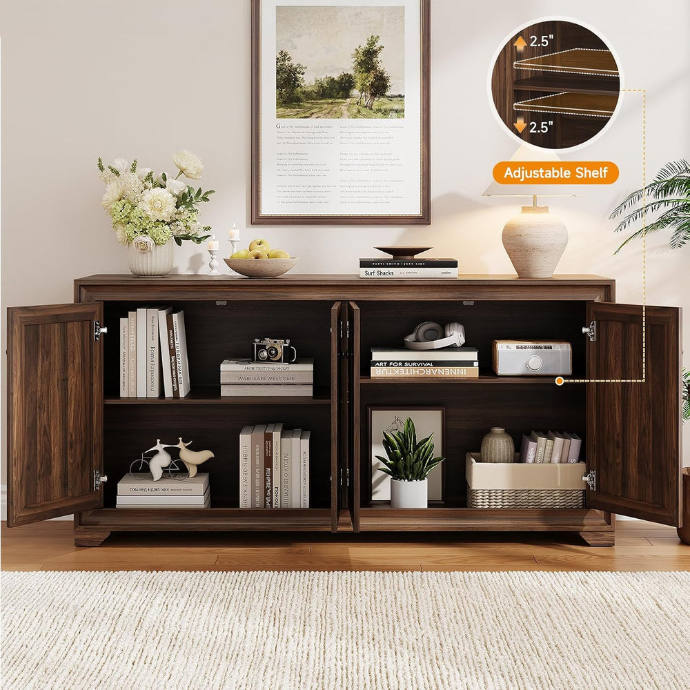 60" Buffet Cabinet with Storage, 4 Doors & Adjustable Shelves Brown