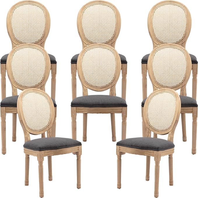 French Country Dining Chairs Set of 8, Gray Kitchen & Dining Room Chairs Set of 8, Rattan Dining Chairs, Cane Back, Wood Legs, Sillas De Comedor (Rattan, Grey, 8Pcs)