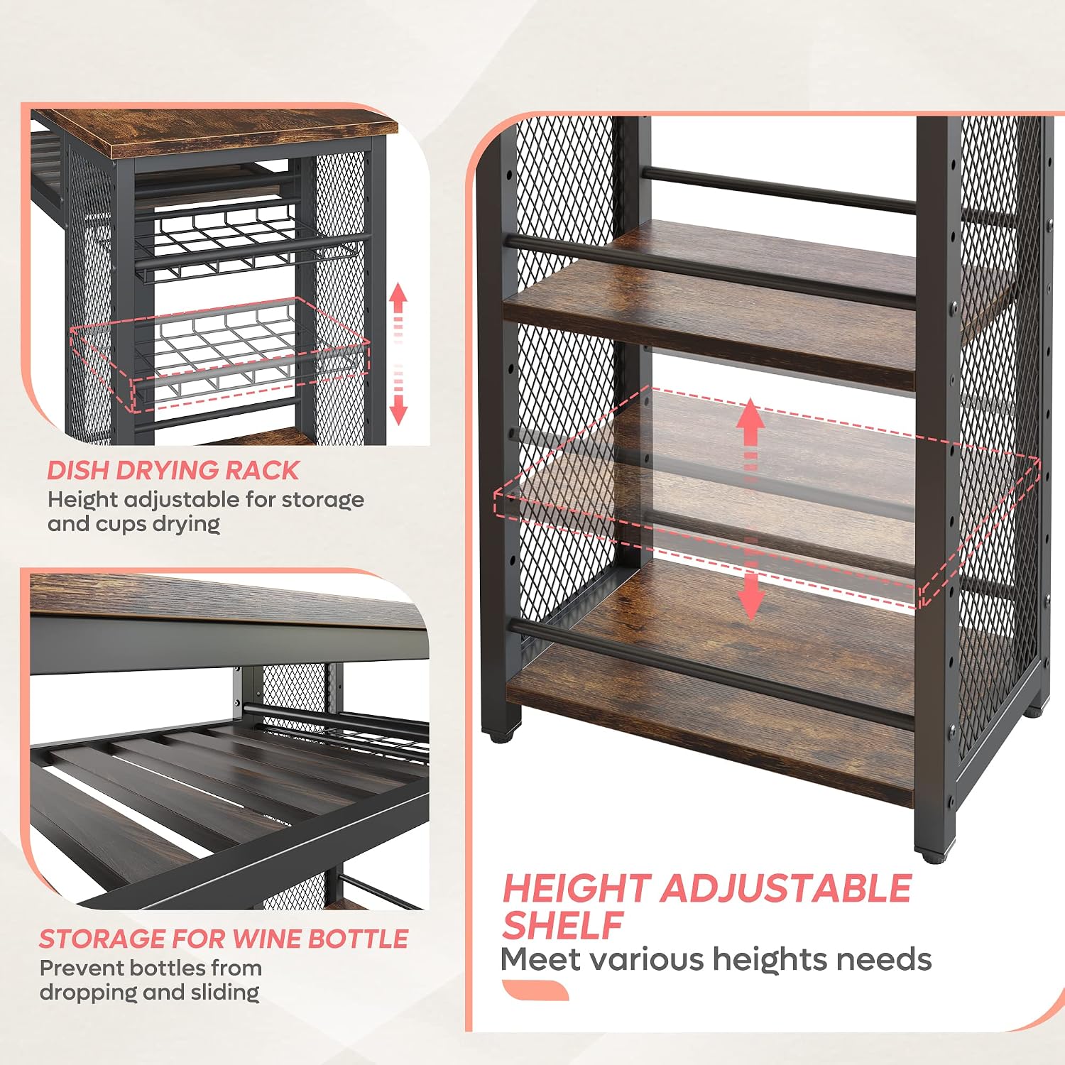 Bestier Bar Table and Chair Set, Expandable Dining Table with 2 Bar Stools, Industrial Kitchen Counter with Wine Rack & 3 Tier Adjustable Storage Shelves Rustic Brown