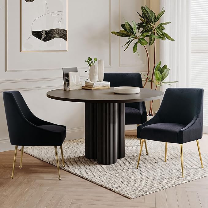 Modern Velvet Dining Chairs Set of 4, Contemporary Upholstered Furniture Collection with Polished Gold Metal Legs, Elegant Accent Chairs for Kitchen Living Room(Black)