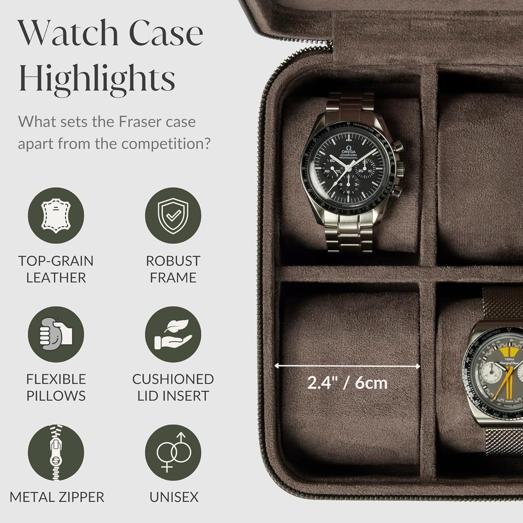 TAWBURY Watch Case - 4 Slot Genuine Top-Grain Leather Watch Box for Men & Women with Extra Wide Pillows for Large Watches - Portable Wristwatch Storage for Home & Travel (Brown)