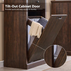 Modern Tilt Out Laundry Hamper Cabinet, 10 Gallon Fluted Trash Can Cabinet with Drawer, Wooden Hidden Garbage Can Cabinets with Laundry Basket, Free Standing for Bathroom and Kitchen, Brown