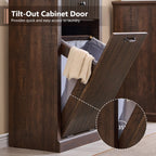 Modern Tilt-Out Trash Can Cabinet, 10 Gallon Fluted Laundry Hamper Cabinet with Drawers, Wooden Hidden Garbage Can Cabinets with Storage Basket, Free Standing for Kitchen and Living Room,Brown