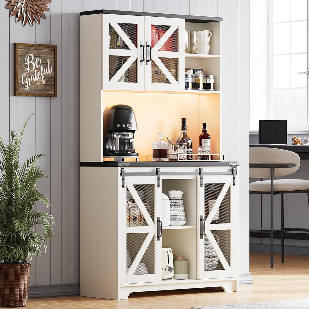 71" Tall Farmhouse Pantry Storage Cabinet With LED Lights and Charging S...
