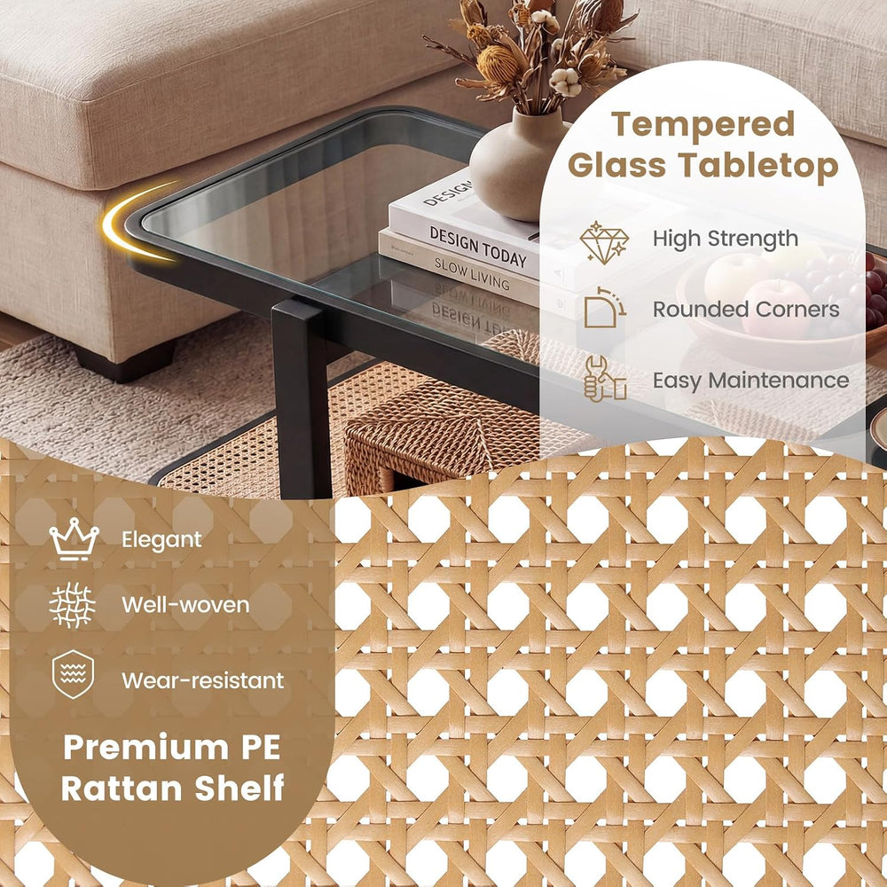 GOFLAME Rattan Coffee Table, 47.5” Solid Wood Center Table with Tempered Glas...