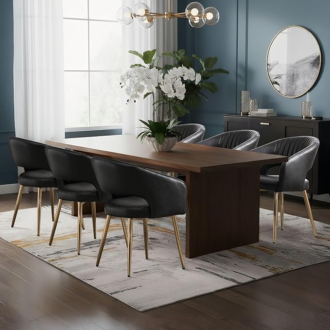 Faux Leather Dining Chairs Gold Legs, Modern Black PU Leather Dining Room Chairs with Arms Set of 6 Upholstered Accent Chair Armchair with Barrel Back for Kitchen Living Room