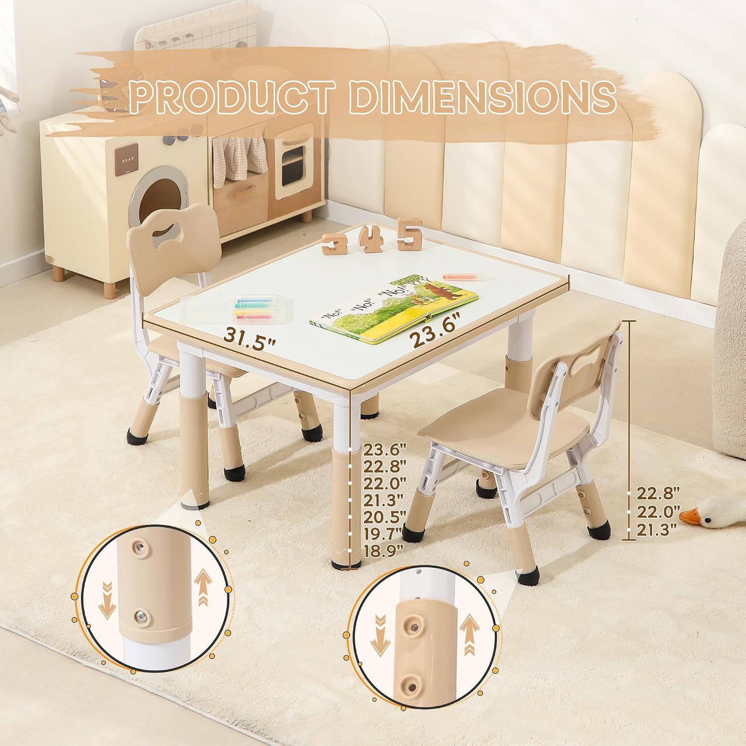 Kids Table and 2 Chairs Set, Height Adjustable Toddler Chairs, Graffiti Desktop Study With Anti-Slip Foot Covers, Children Activity Set for Ages 2-10