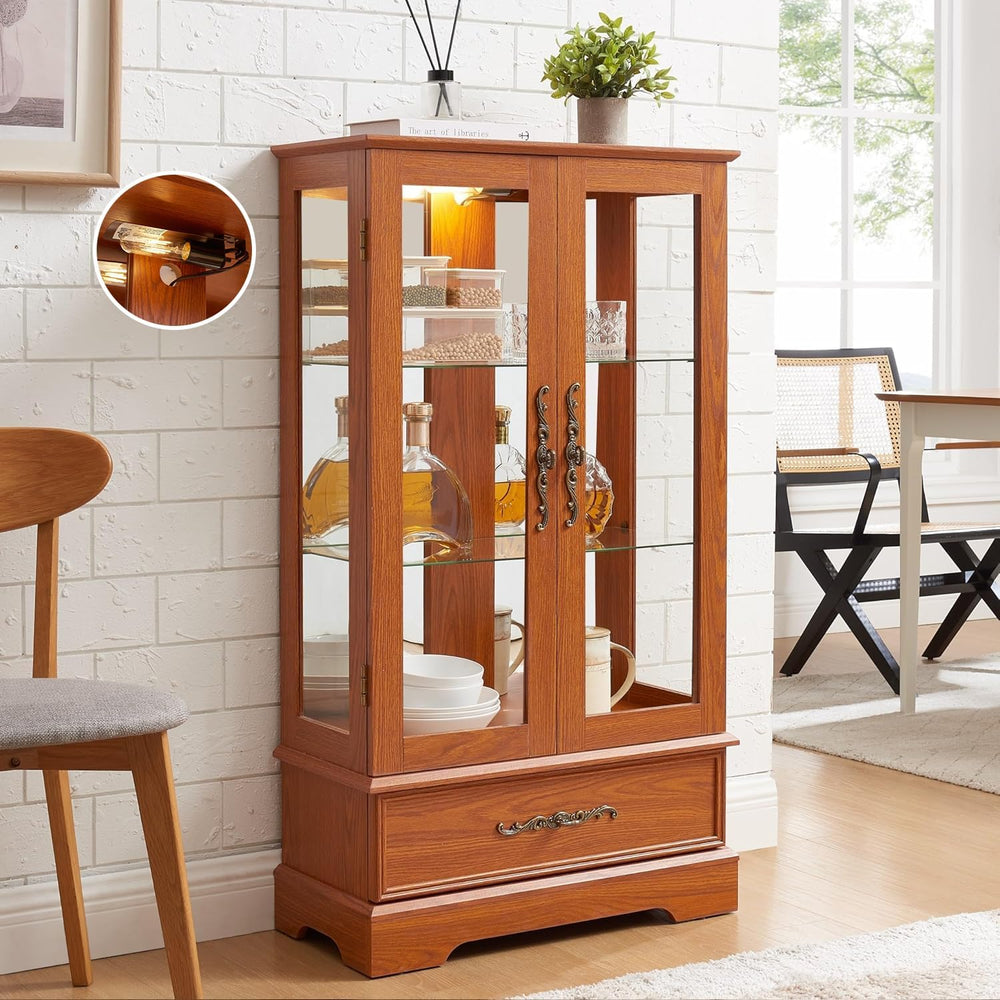 47" Lighted Glass Accent Curio Cabinet, 3-Tier Antique Storage Cage with...
