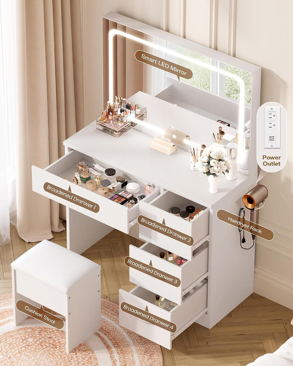 LIVELYGLOW 35.4" White Vanity Desk Set with Full-Width LED Mirror & ...