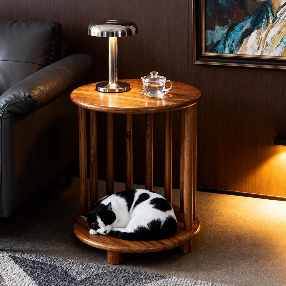 Round Teak End Table with Storage, Nightstand Sofa Side Table for Living Room...