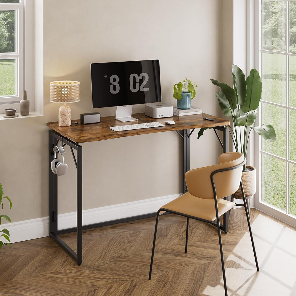 JOYMOOP 31.5" Rustic Brown Folding Desk No Assembly, Wooden Top, Small Size