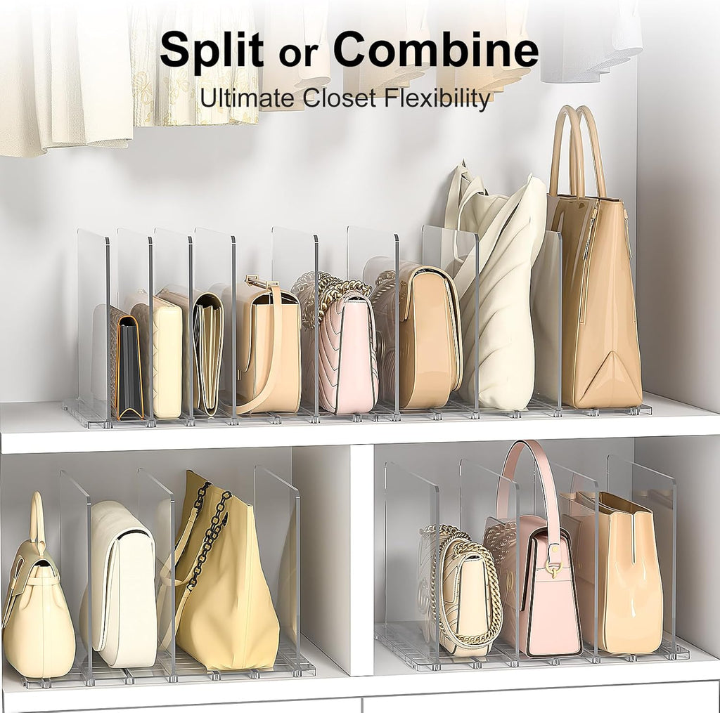 Bag Purse Organizer for Closet: Shelf Dividers Adjustable Acrylic Handbag Storage - Plastic Closet Organizers and Storage for Clutches - Keep Carteras & Pocketbook Upright