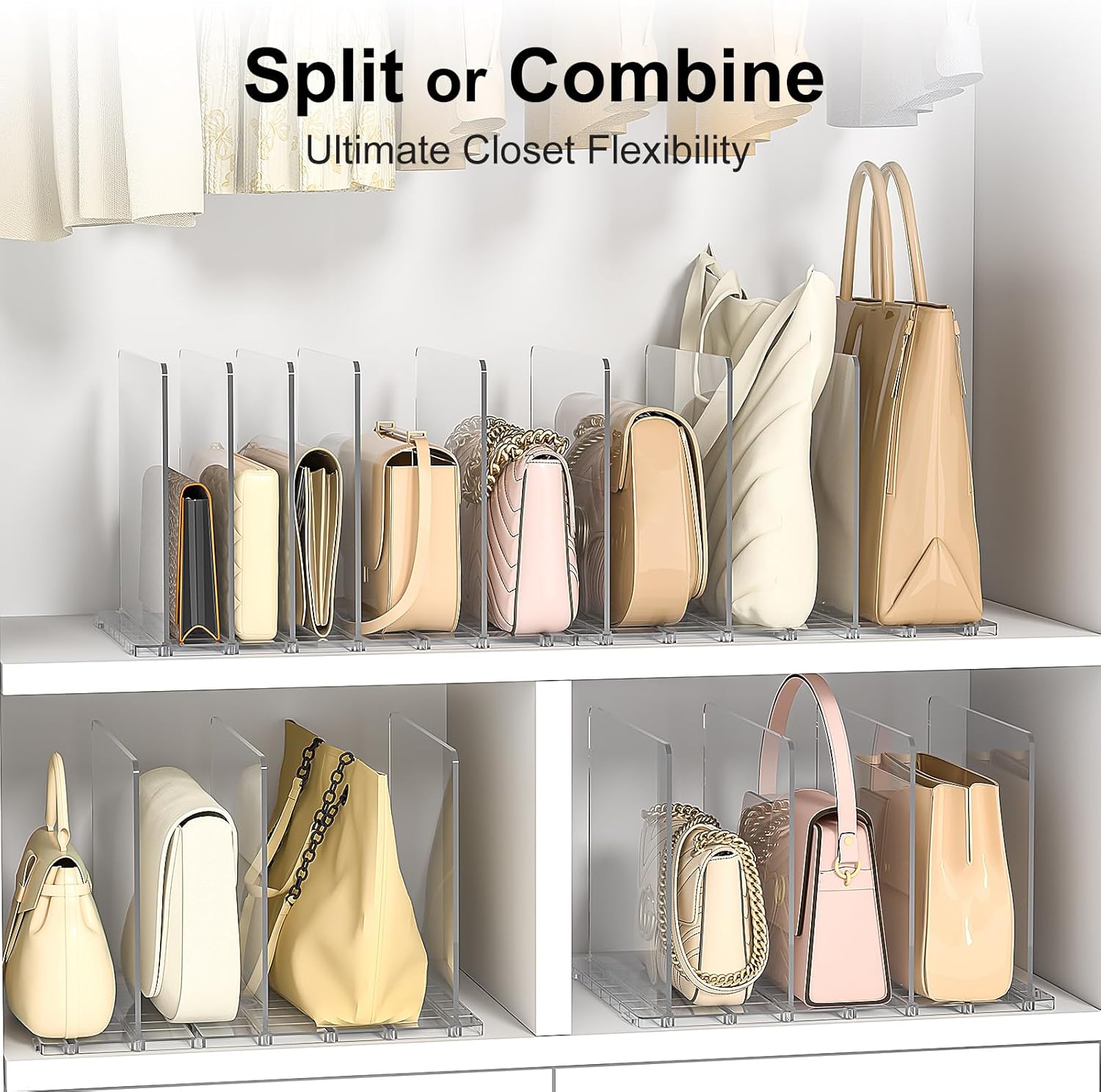 Bag Purse Organizer for Closet: Shelf Dividers Adjustable Acrylic Handbag Storage - Plastic Closet Organizers and Storage for Clutches - Keep Carteras & Pocketbook Upright