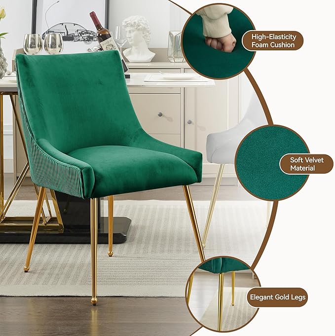 Velvet Dining Chairs Set of 6 Gold Legs,Upholstered Velvet Accent Chairs, Pleated Back Design & Gold Pull Handle, Mid Century Modern Chairs for Dining/Kitchen/Living Room,Green