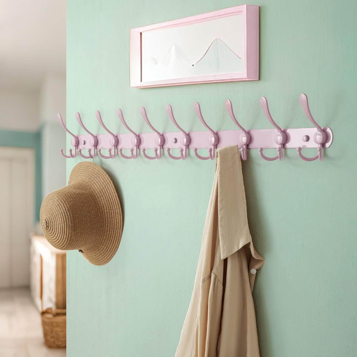 Dseap Coat Rack Wall Mount - 38” Long 10-Tri-Hooks Heavy Duty Coat Hanger Rail Wall Hooks for Hanging Coats Hats Clothing Clothes Purse Mudroom Entryway, Pink