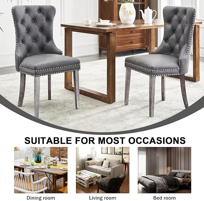 Kiztir Leather Dining Chairs Set of 4, Upholstered Dining Chair with Nailhead Trim and Solid Wood Legs, Luxury Wingback Dining Side Chair for Living Room, Bedroom, Kitchen (Grey)