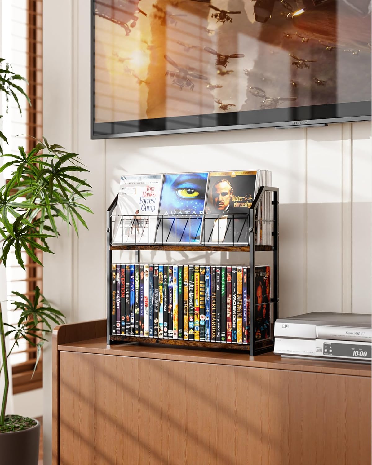 2-Tier DVD Storage Rack, DVD Shelf for Non-slip Feets, DVD Holder Display with 10 lb per Tier, Stores Up to 56 DVDs, Display Organizer Tower for Music Enthusiasts and Collection