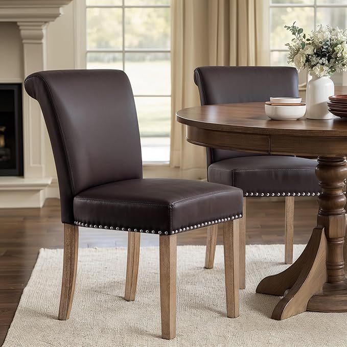 CHUN YI Dining Chairs Set of 2, Faux Leather Upholstered Dining Room Chairs with Nailhead Trim and Wood Legs, Mid Century Modern Parsons Side Chairs for Kitchen, Brown